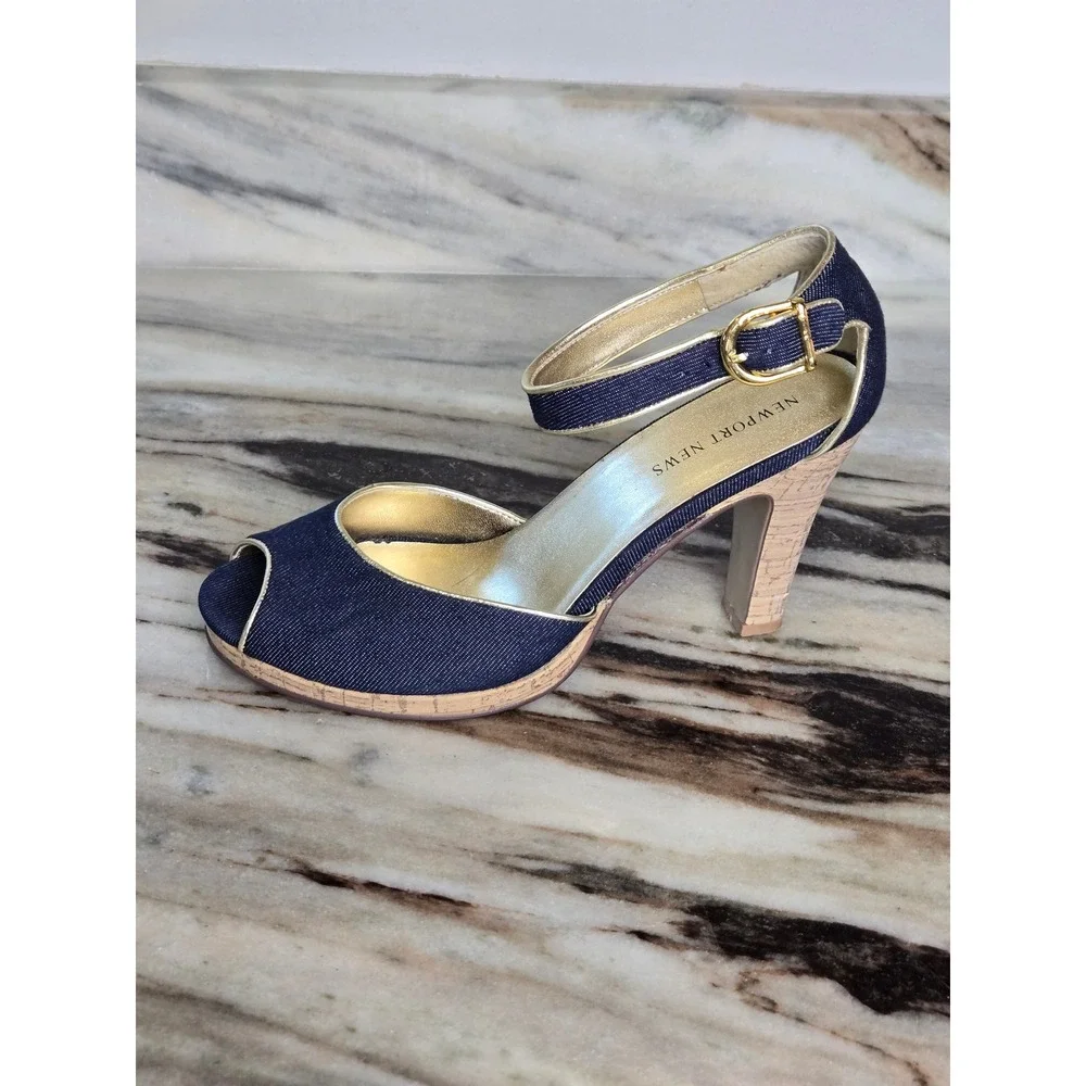Newport News Denim Cork Platform Peep Toe Heels Dark Wash Gold‎ 10